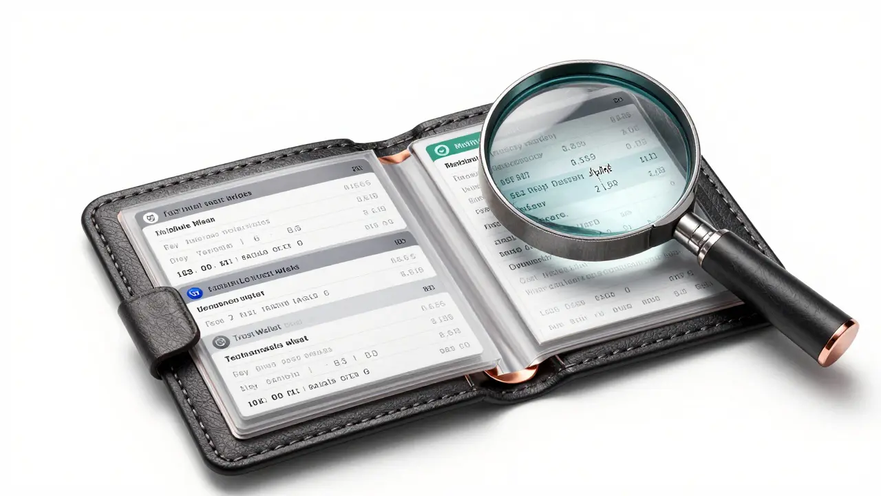 Transparent wallet layers displaying individual blockchain transactions with timestamps and cost basis values, visualized as engraved numerals.