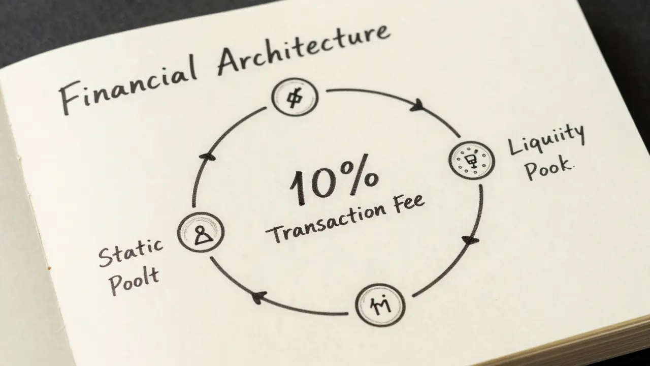 Architectural sketch illustrating the flow of transaction fees into rewards and liquidity.