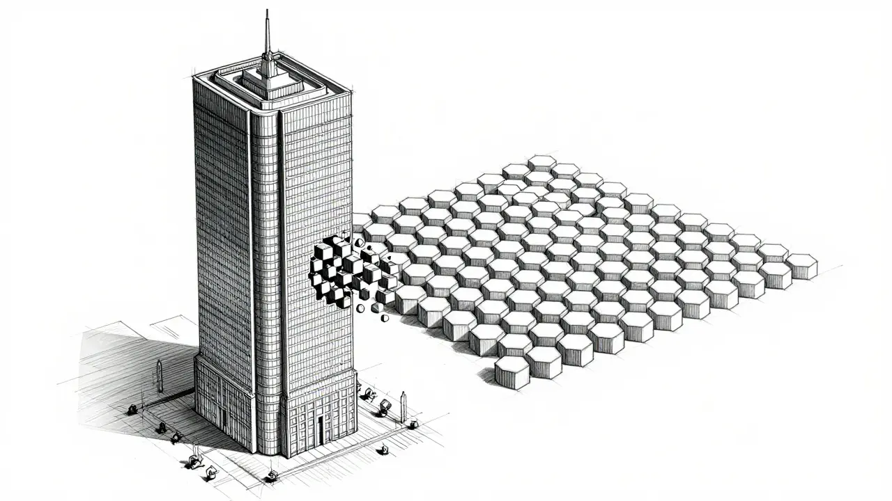 Architectural sketch of a building breaking into small digital tokens to represent fractional ownership.
