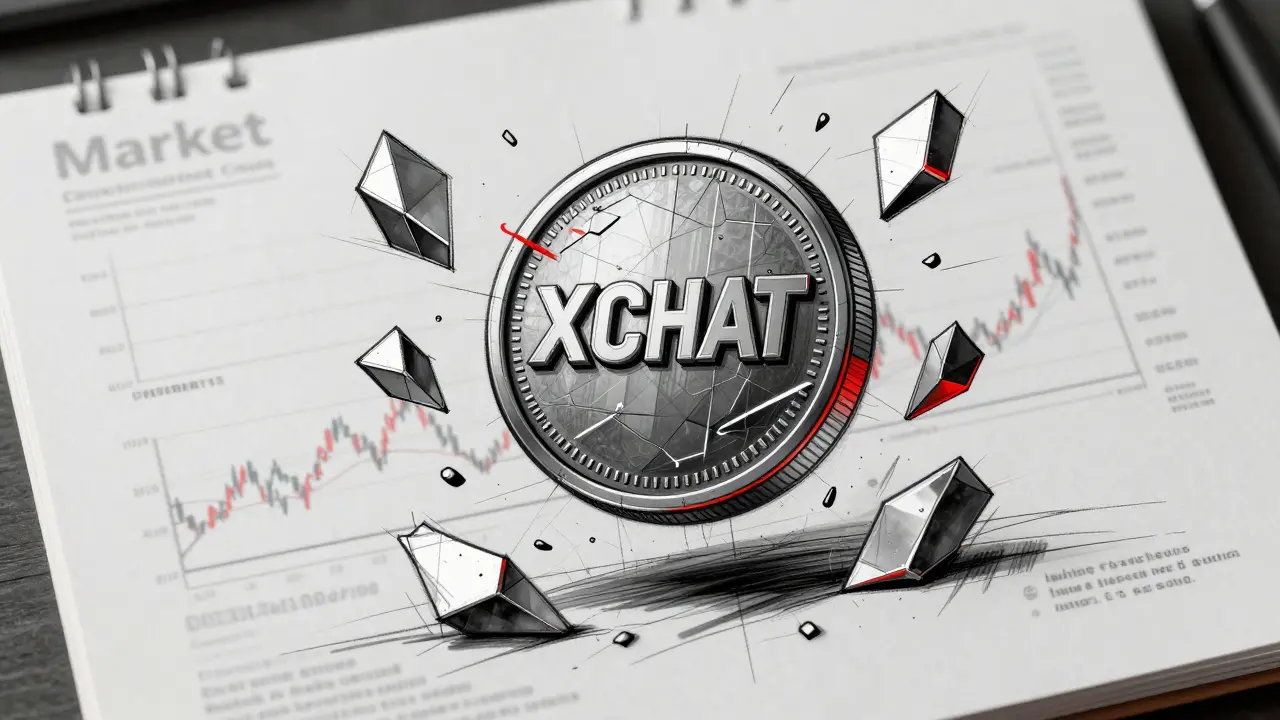 Conceptual design sketch of a fragmented XCHAT crypto coin representing market volatility