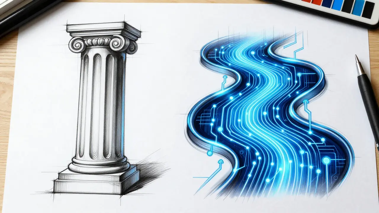 Design sketch comparing a traditional stone pillar with a fluid digital circuit