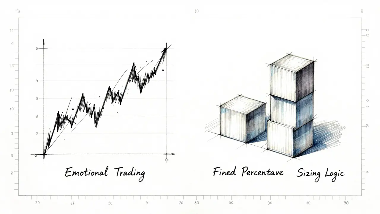 Design sketch comparing chaotic emotional trading with structured position sizing blocks.
