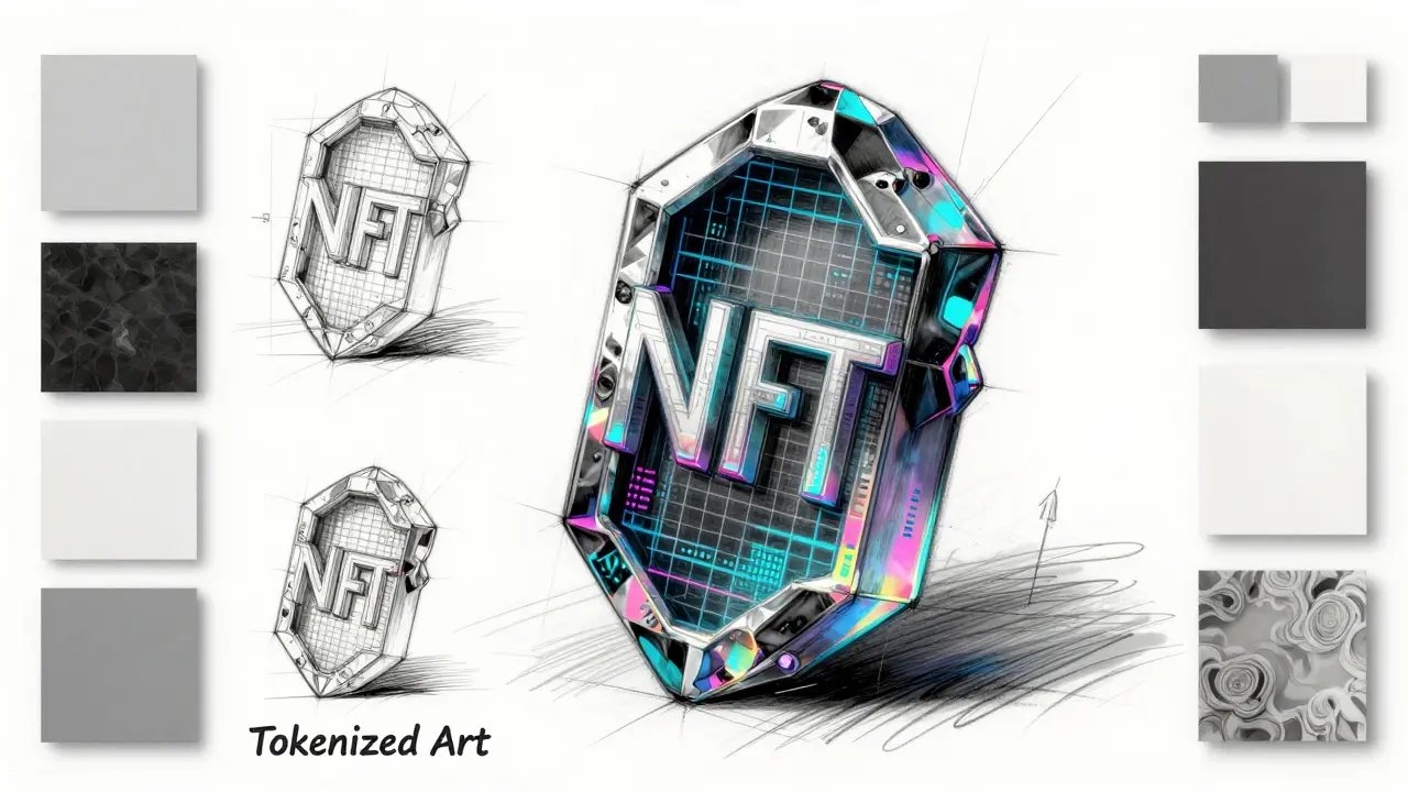 Design sketch of a 3D crystalline NFT sculpture merging art with a financial grid