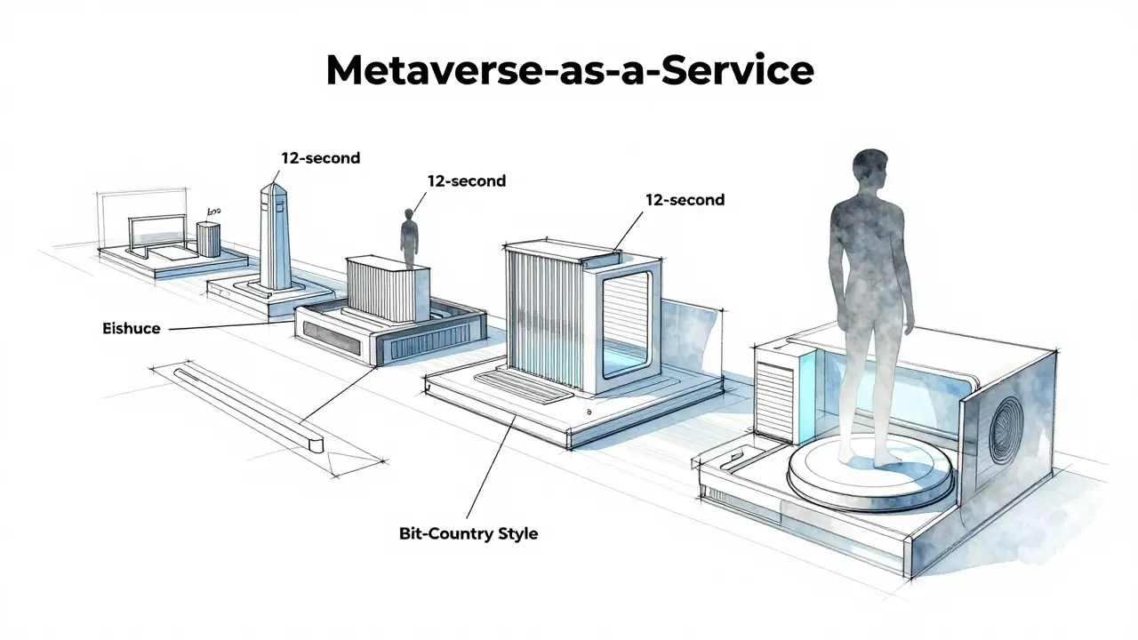 Design sketch of a 3D metaverse interface with floating architectural modules and avatars.