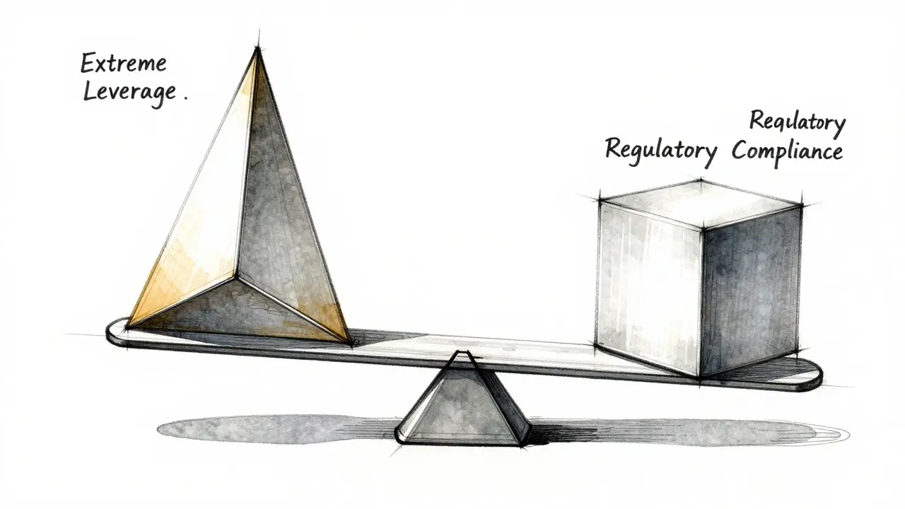 Design sketch of a balance scale comparing high-risk leverage with stable compliance.