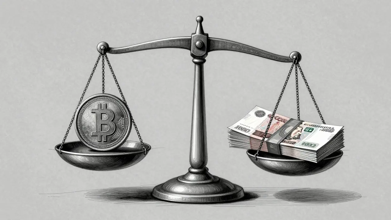 Design sketch of a balance scale weighing a digital coin against ruble banknotes.