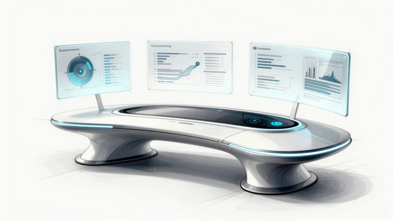 Design sketch of a futuristic AI workstation with floating data panels