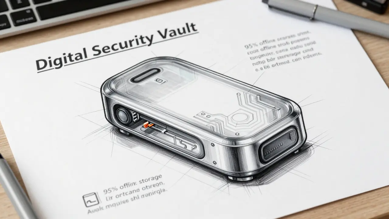 Design sketch of a futuristic cold-storage security vault for protecting digital assets.