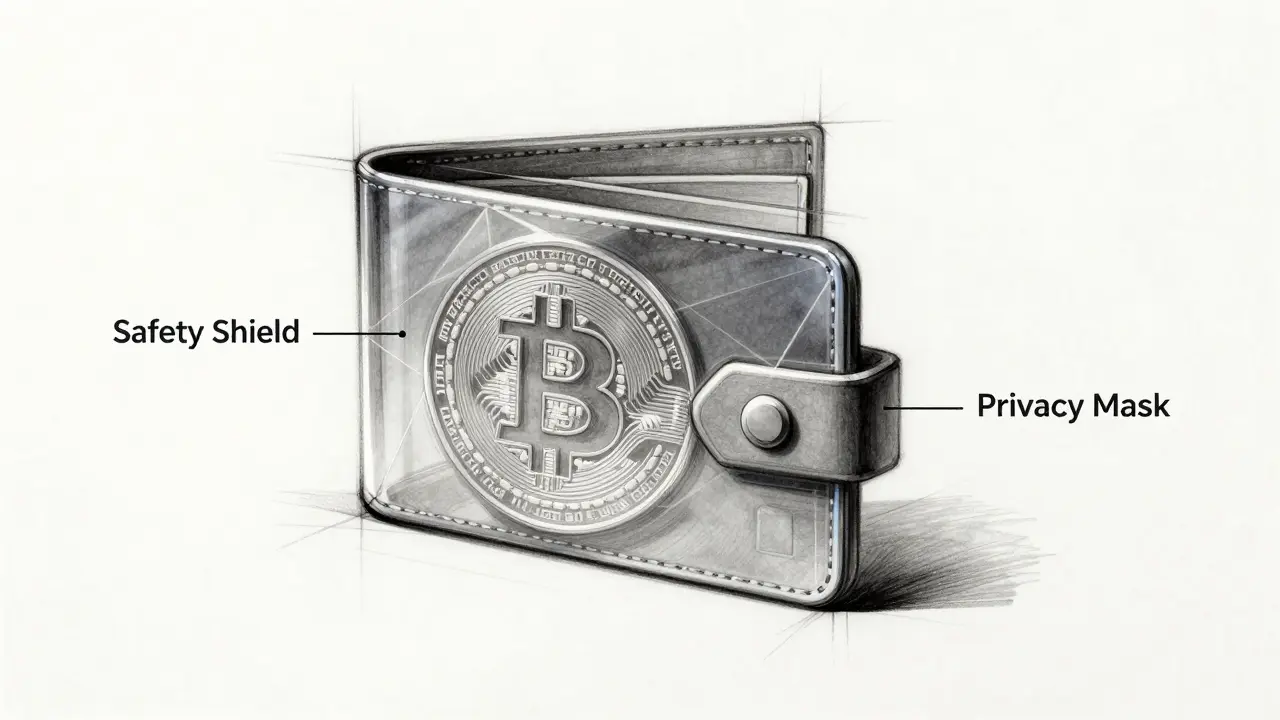 Design sketch of a secure digital wallet protected by a geometric privacy shield.