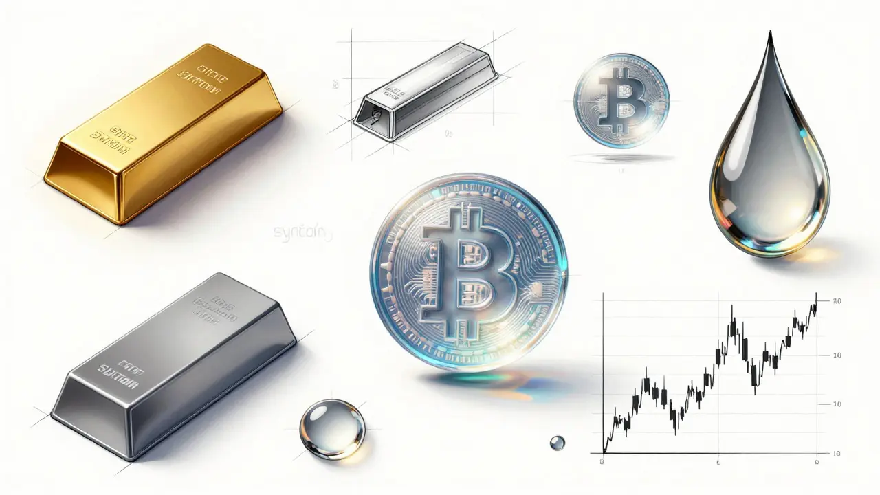 Design sketch of synthetic assets including gold, bitcoin, and stocks as holographic icons.