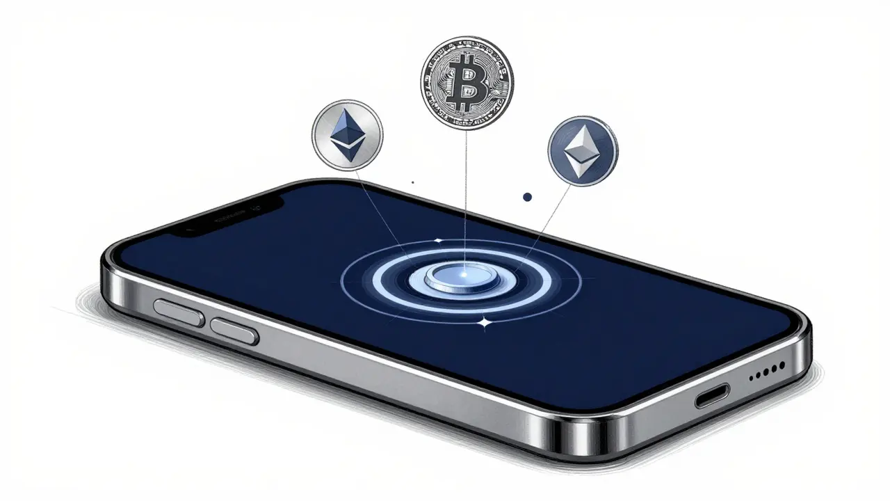 Design sketch of the X Money digital wallet with various cryptocurrency symbols