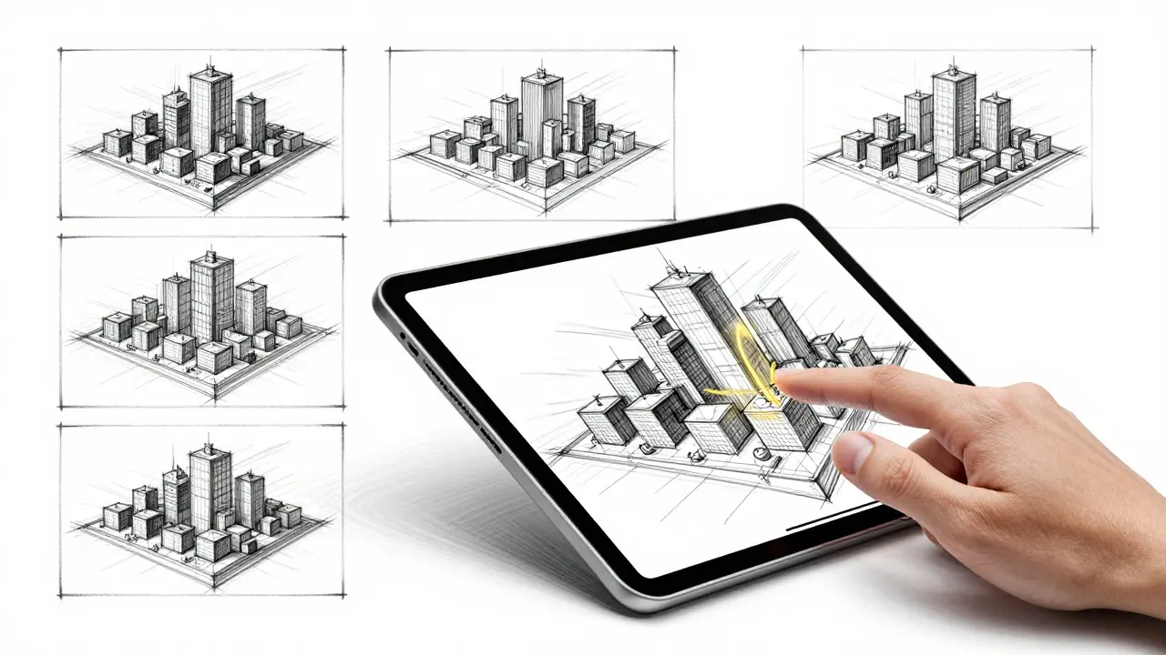 Design sketch showing the rapid creation of a 3D virtual metaverse from a tablet interface.