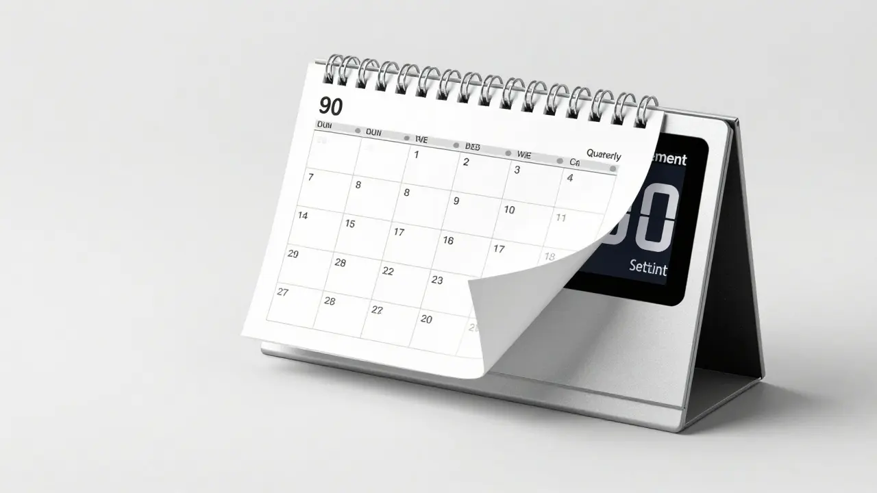 Industrial design sketch of a minimalist digital calendar representing quarterly futures cycles.