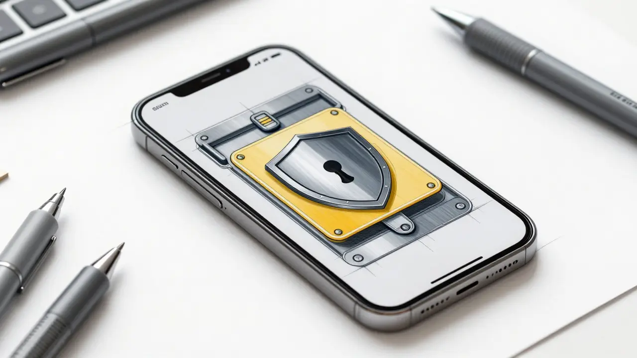 Industrial design sketch of a secure digital wallet with a protective shield mechanism.
