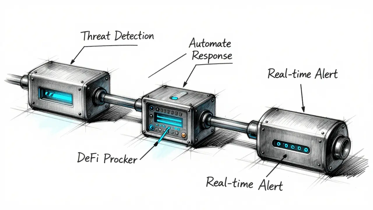 Industrial design sketch of a security pipeline showing threat detection and automated response modules.