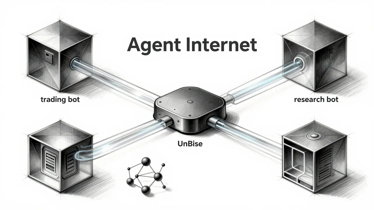 Industrial design sketch of interconnected AI agent prisms sharing a central memory hub.