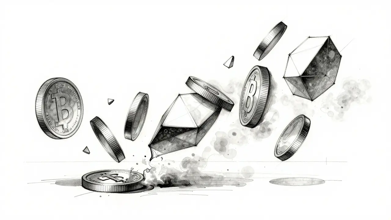 Industrial sketch of fragmented digital coins dissolving to represent uncertainty