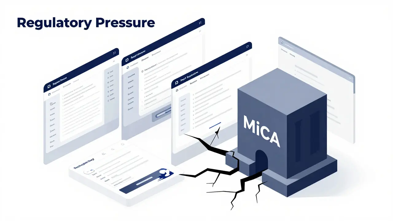 Industrial sketch showing a digital platform being compressed by a regulatory block.
