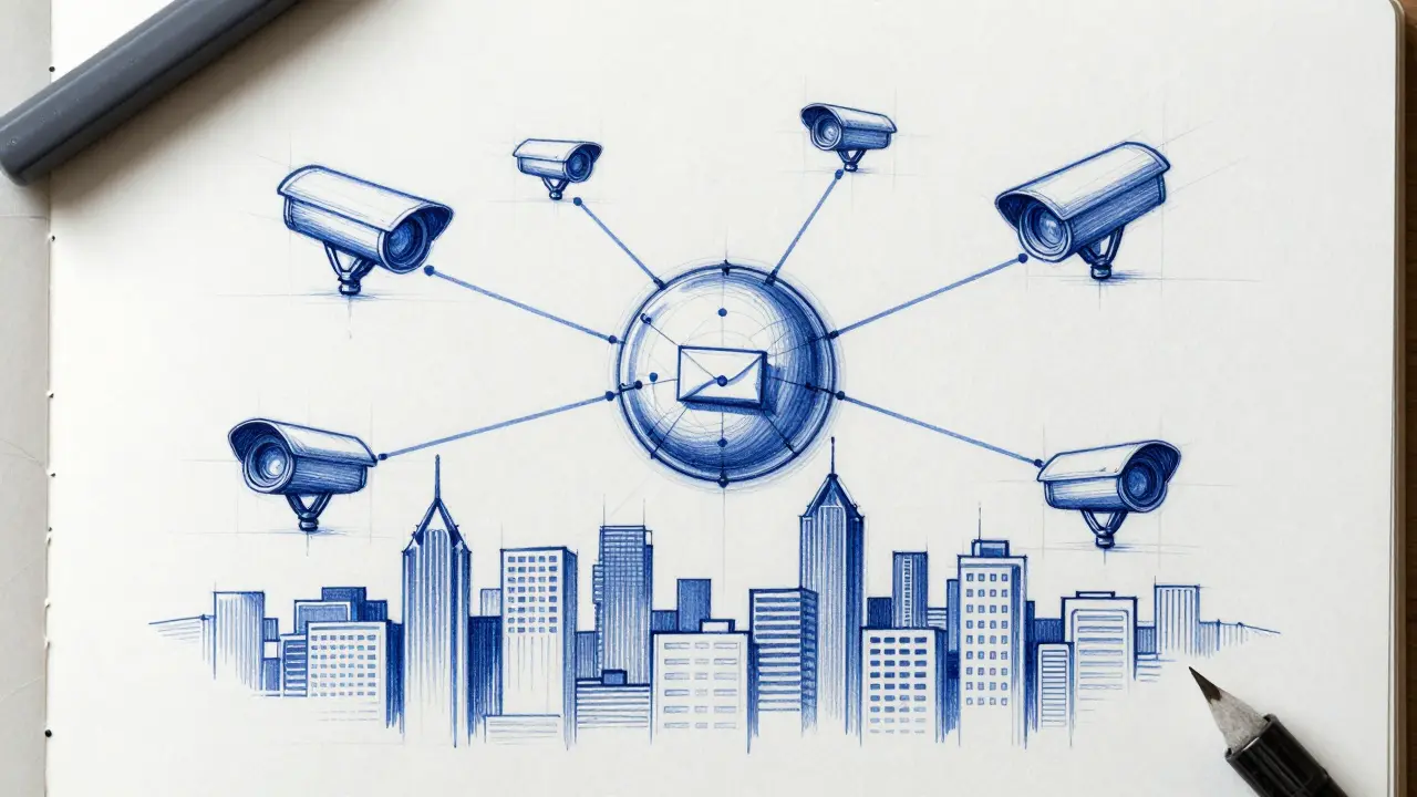 Network nodes sketch illustrating surveillance and data interception.