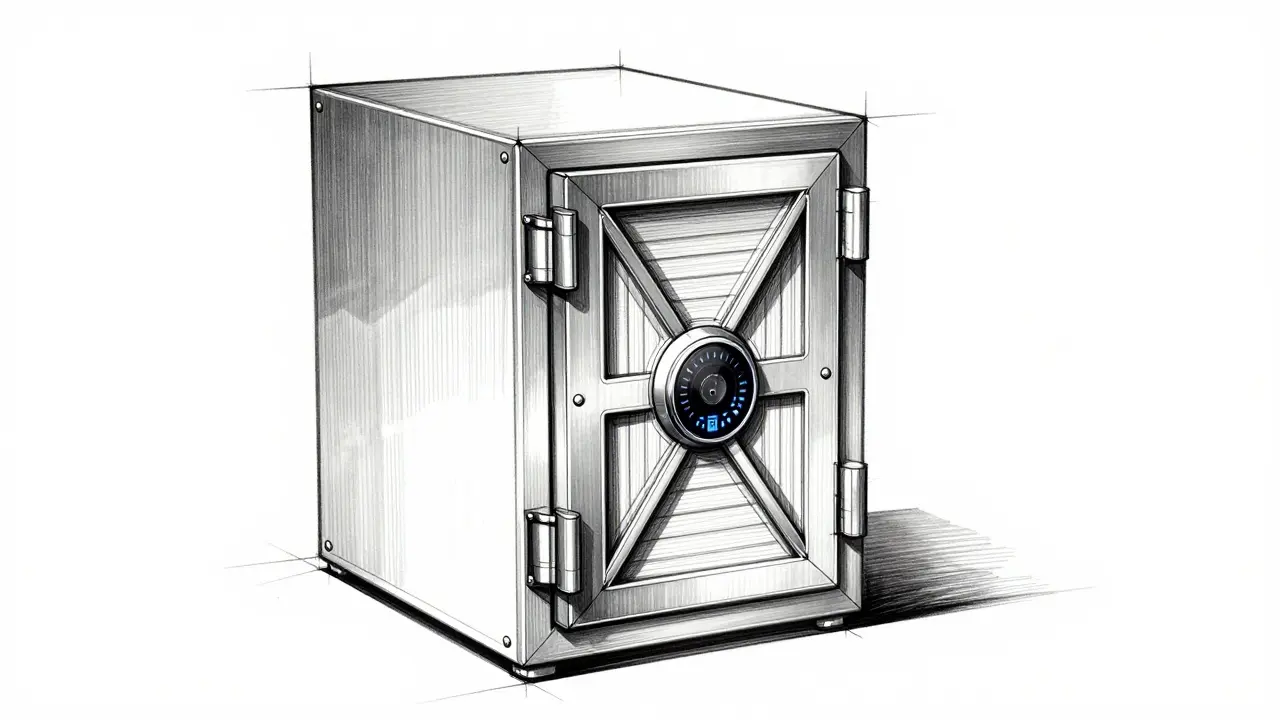 Product design sketch of a high-tech digital security vault representing institutional security.