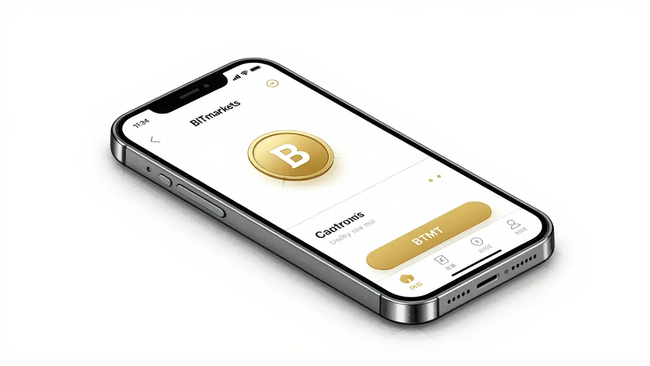 Product design sketch of a smartphone displaying a clean cryptocurrency trading app interface.