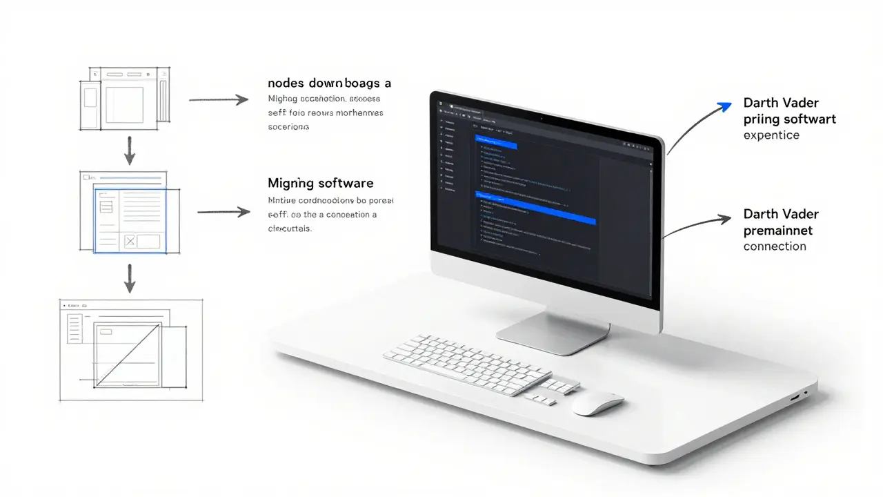 Product design sketch of a workstation and command line interface for setting up a crypto miner node.