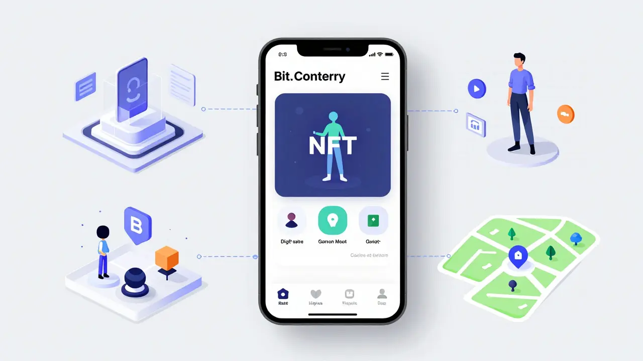 Product design sketch of the Bit.Country Super App with exploded views of 3D assets and NFTs.