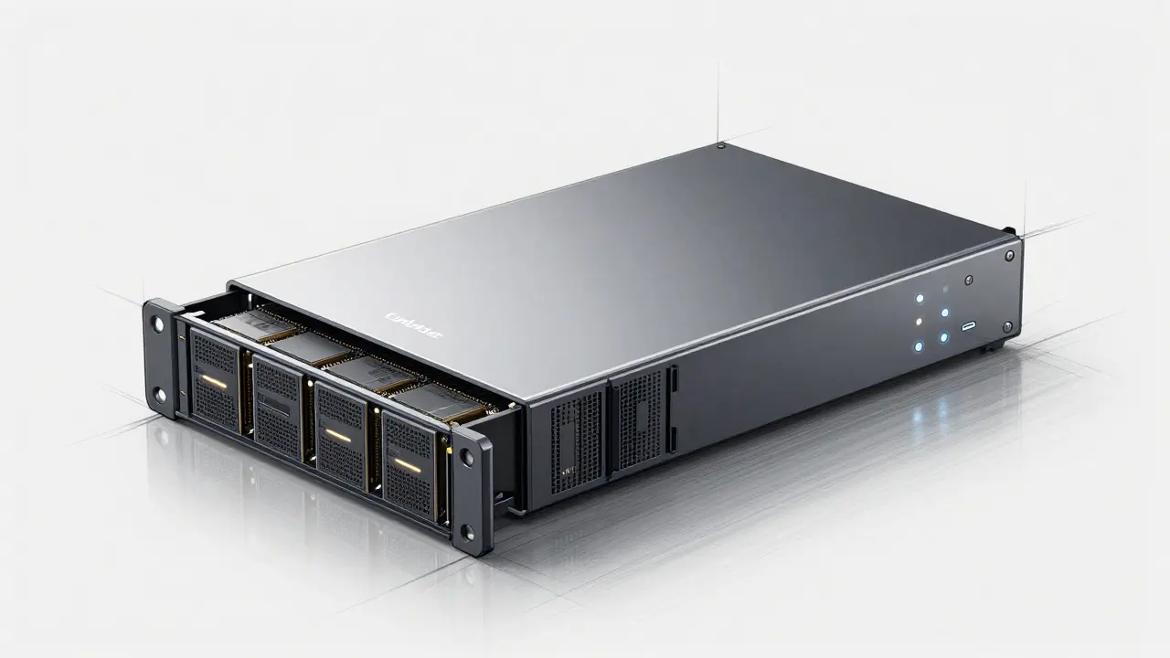 Professional product design sketch of a high-performance Unibase storage node server.