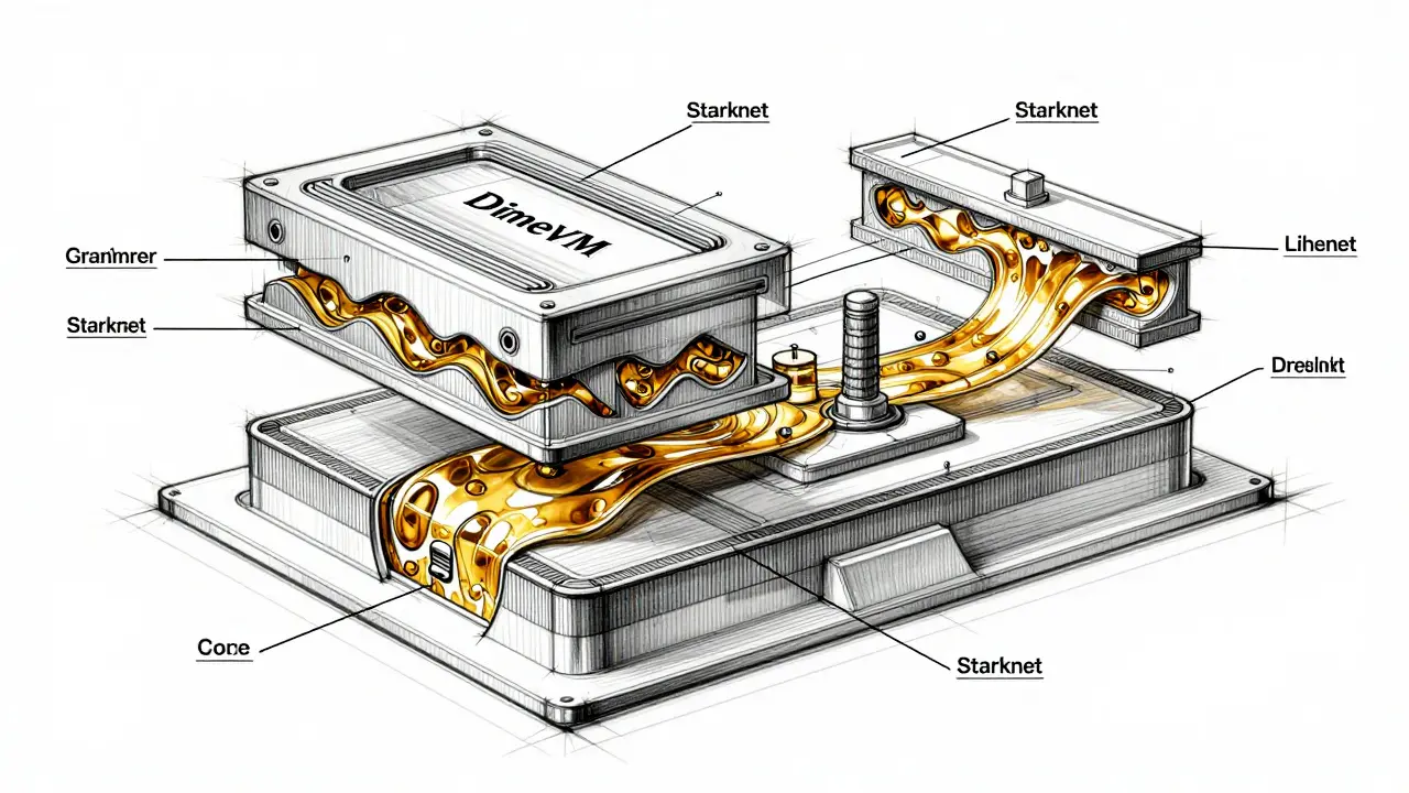 Technical blueprint sketch of a layered blockchain architecture with a central engine.