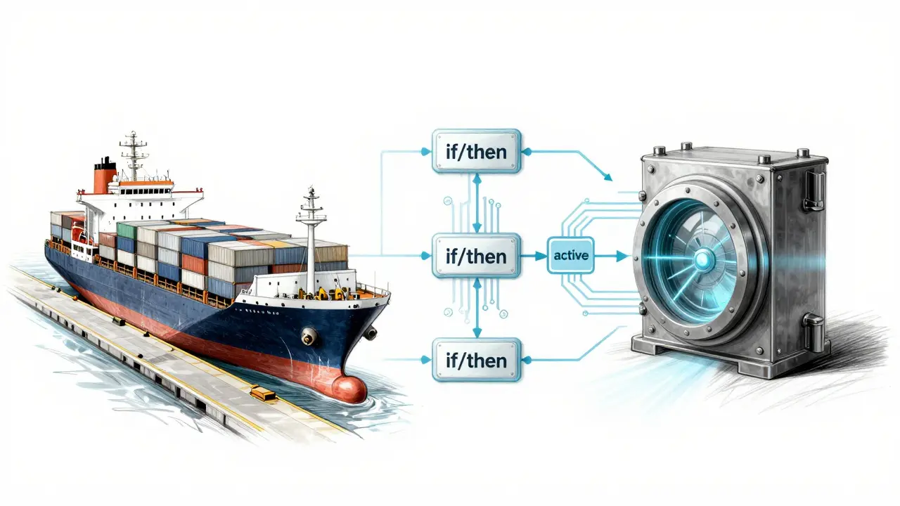 Technical design sketch of a smart contract linking a cargo ship's arrival to a digital payment release.