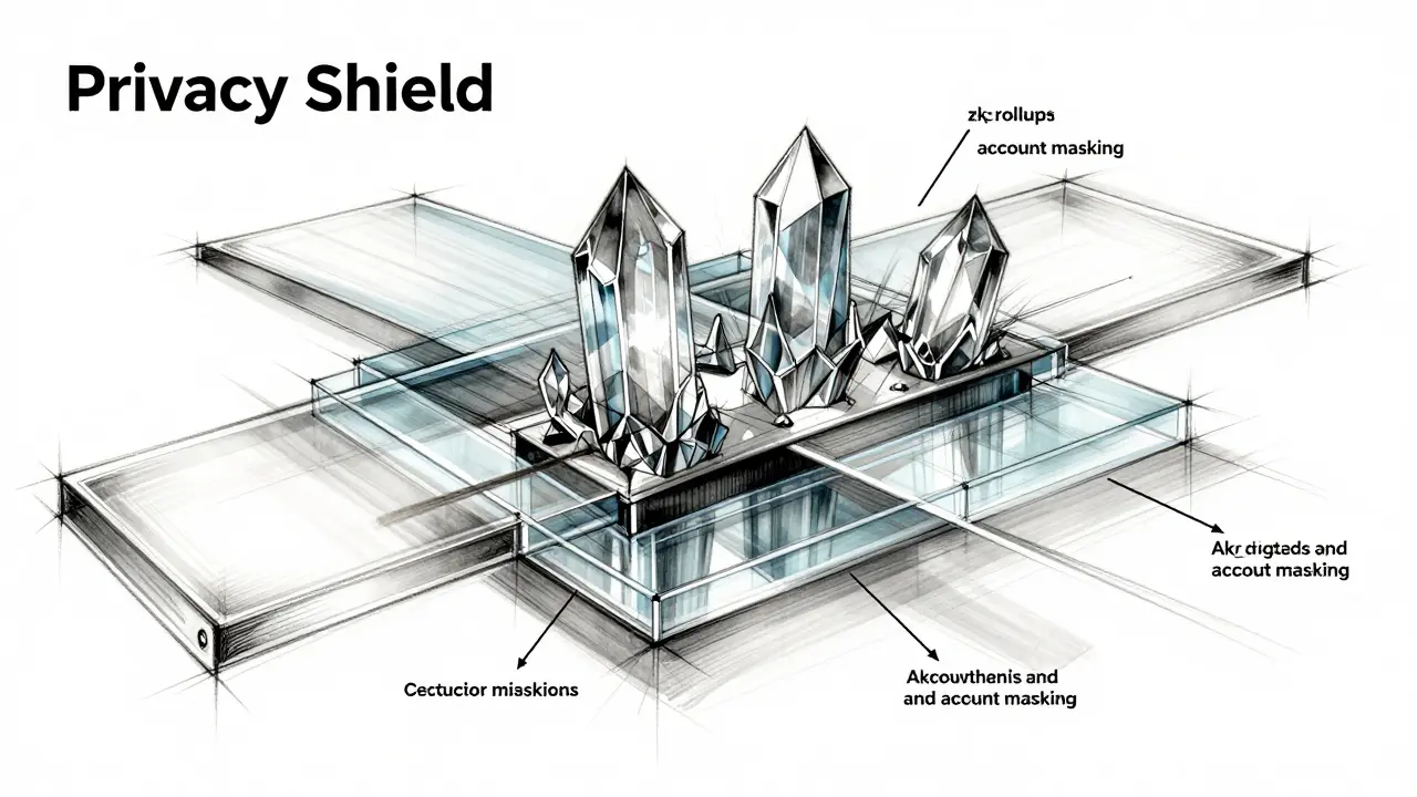 Technical design sketch of abstract geometric layers representing blockchain privacy masking