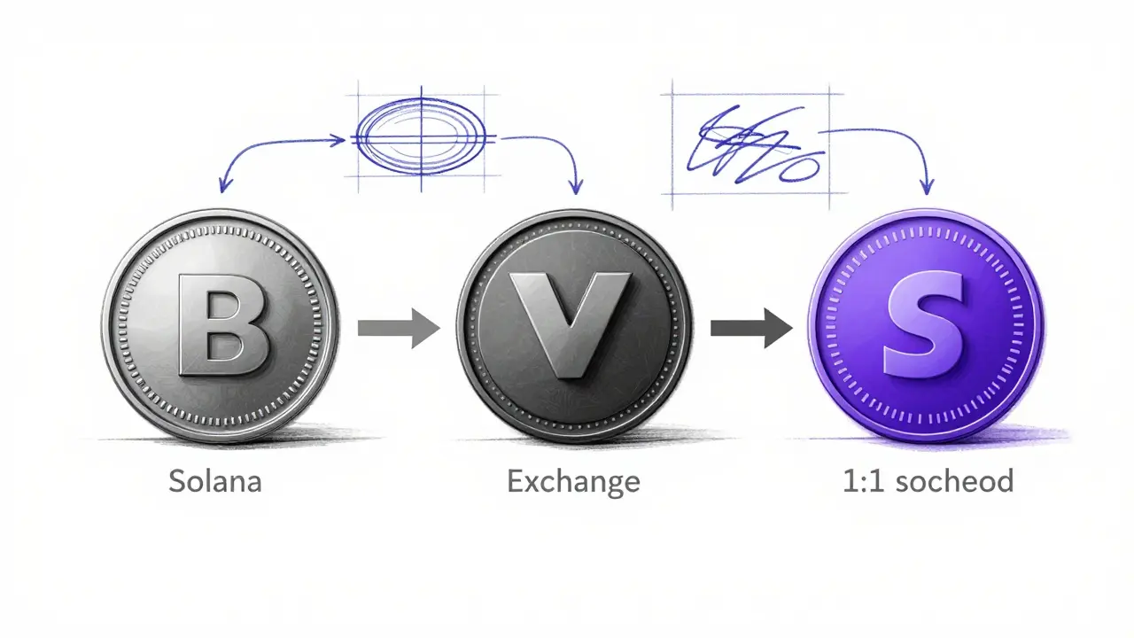 Technical design sketch showing the evolution of a token into a new Solana asset.