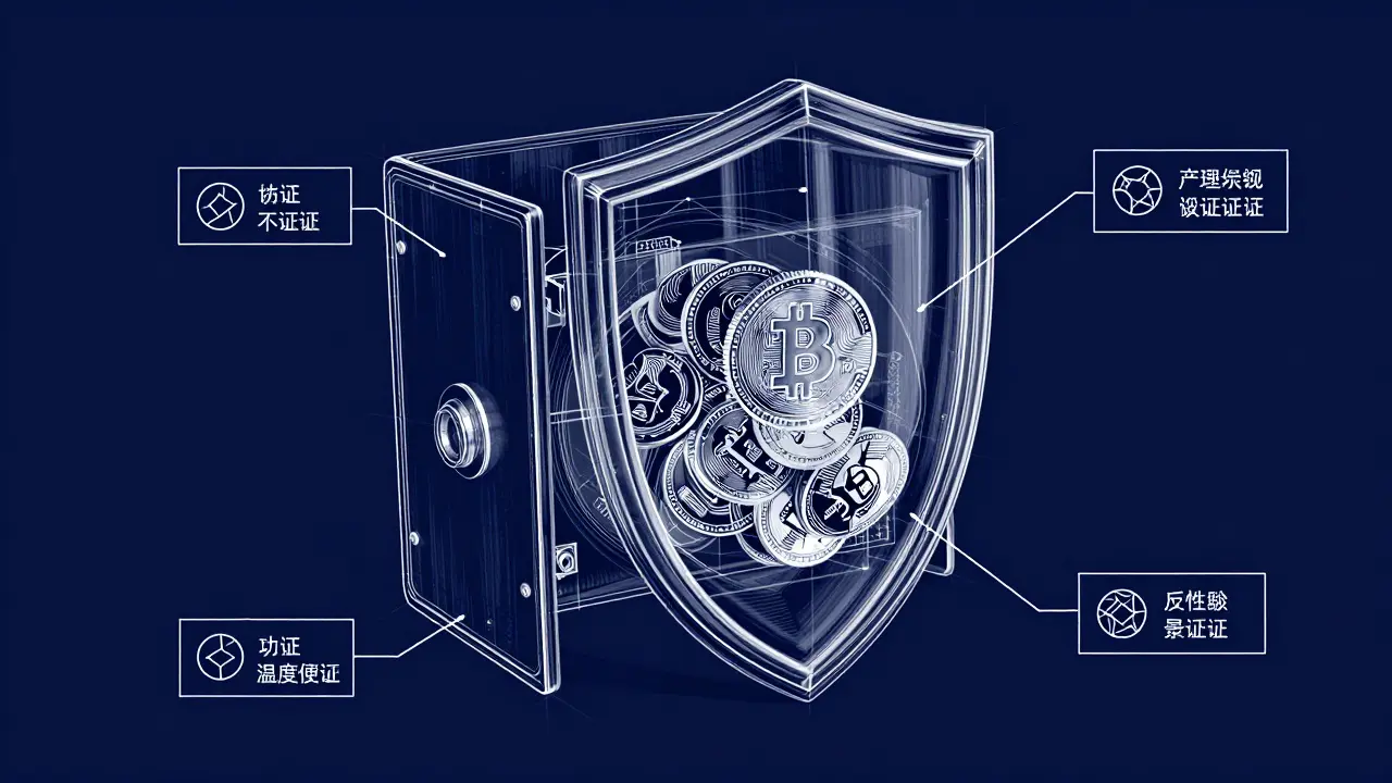 Technical product design sketch of a secure digital vault protecting cryptocurrency tokens.