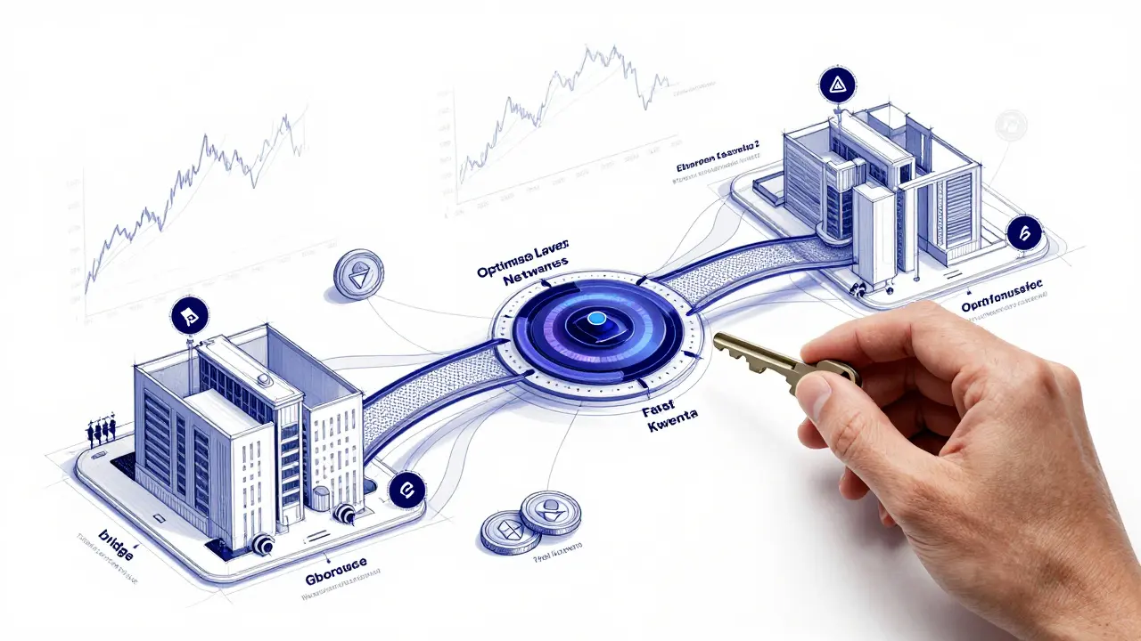 Technical product sketch illustrating the flow of a decentralized trading ecosystem on Optimism.