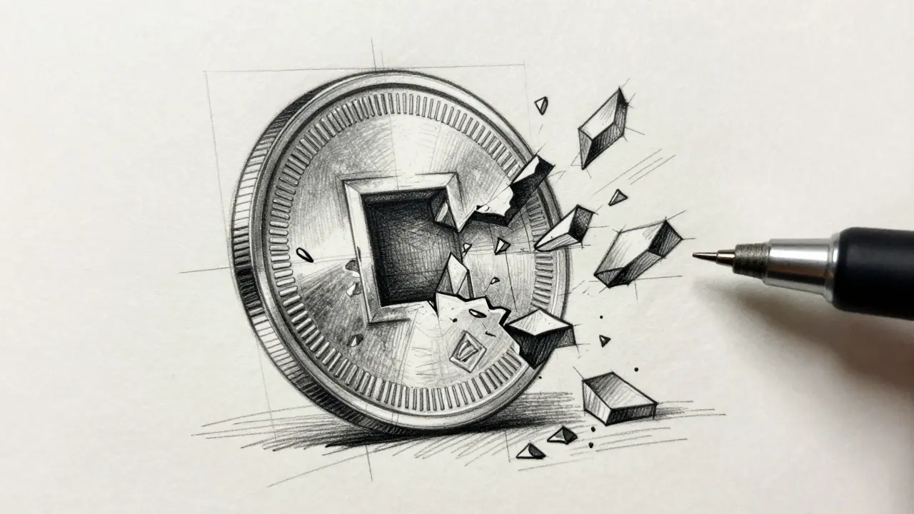 Technical product sketch of a dissolving 3D coin representing a vanished digital asset.