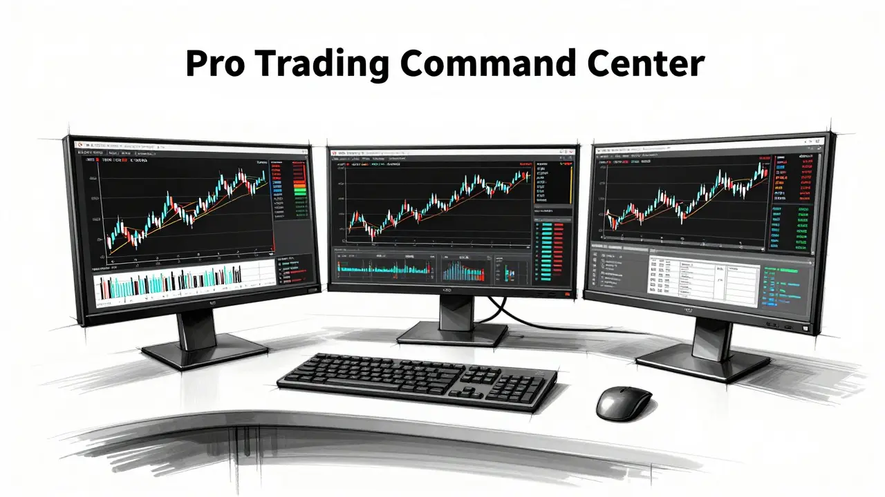 Technical product sketch of a professional multi-monitor trading station with complex charts.