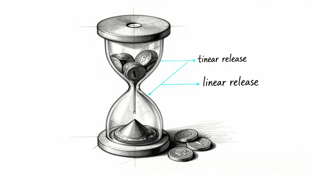 Technical product sketch of a token distribution mechanism with a linear release flow.