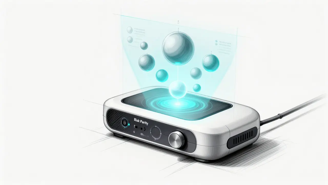 Technical sketch of a holographic device visualizing a balanced risk parity portfolio.