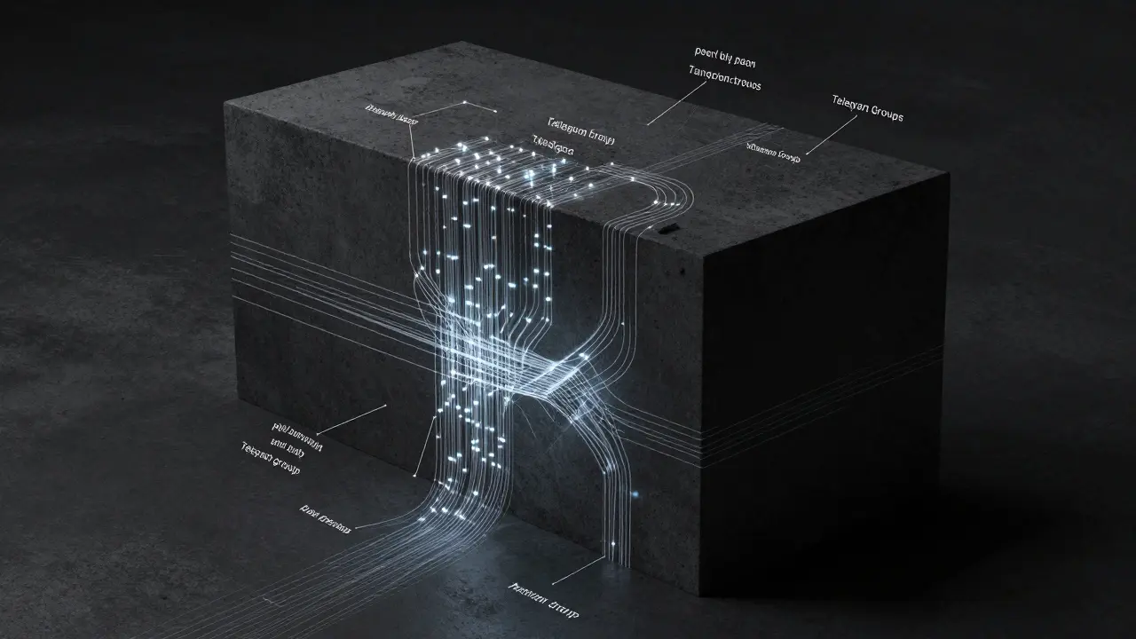 Abstract sketch of glowing networks weaving through a dark concrete block.