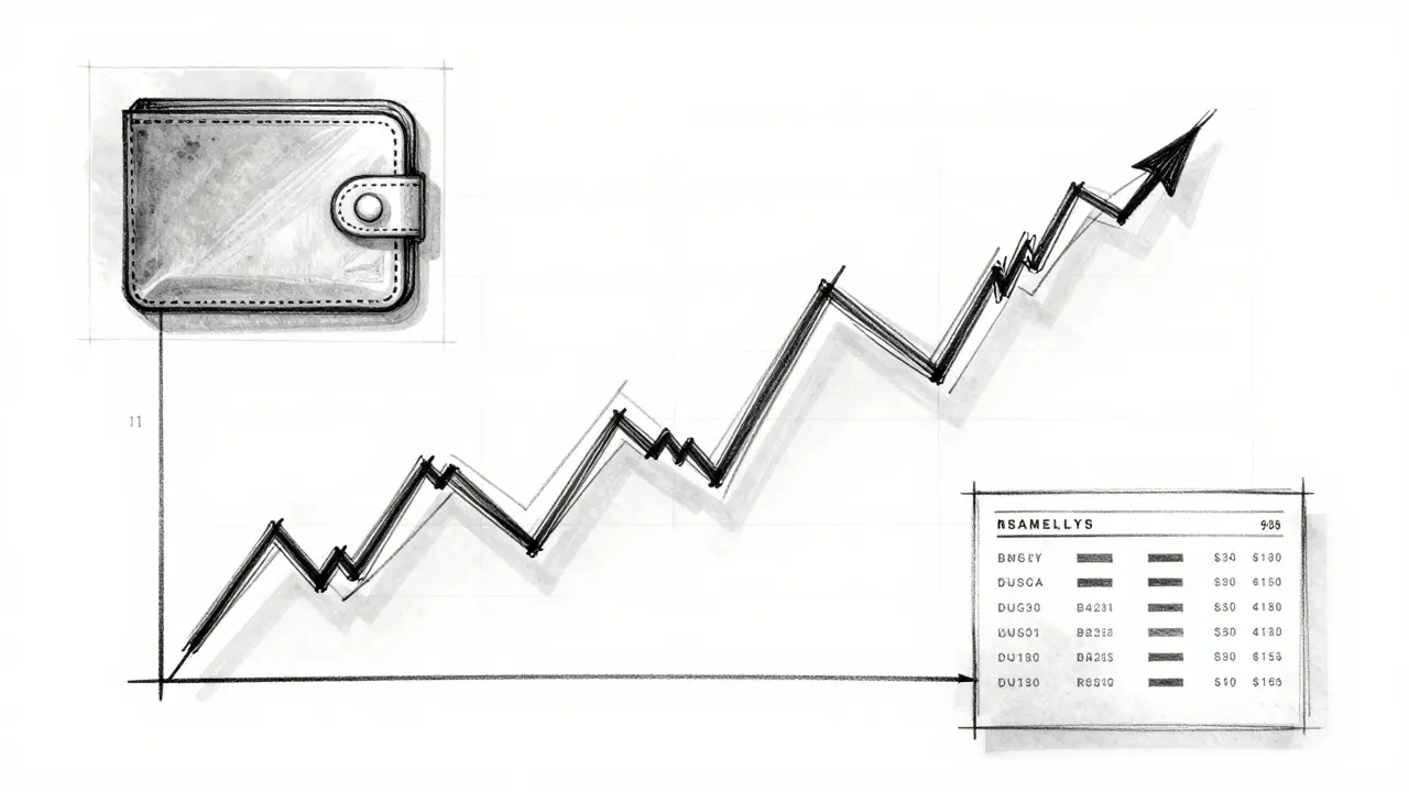 Artistic sketch of a volatile price curve and digital wallet concepts