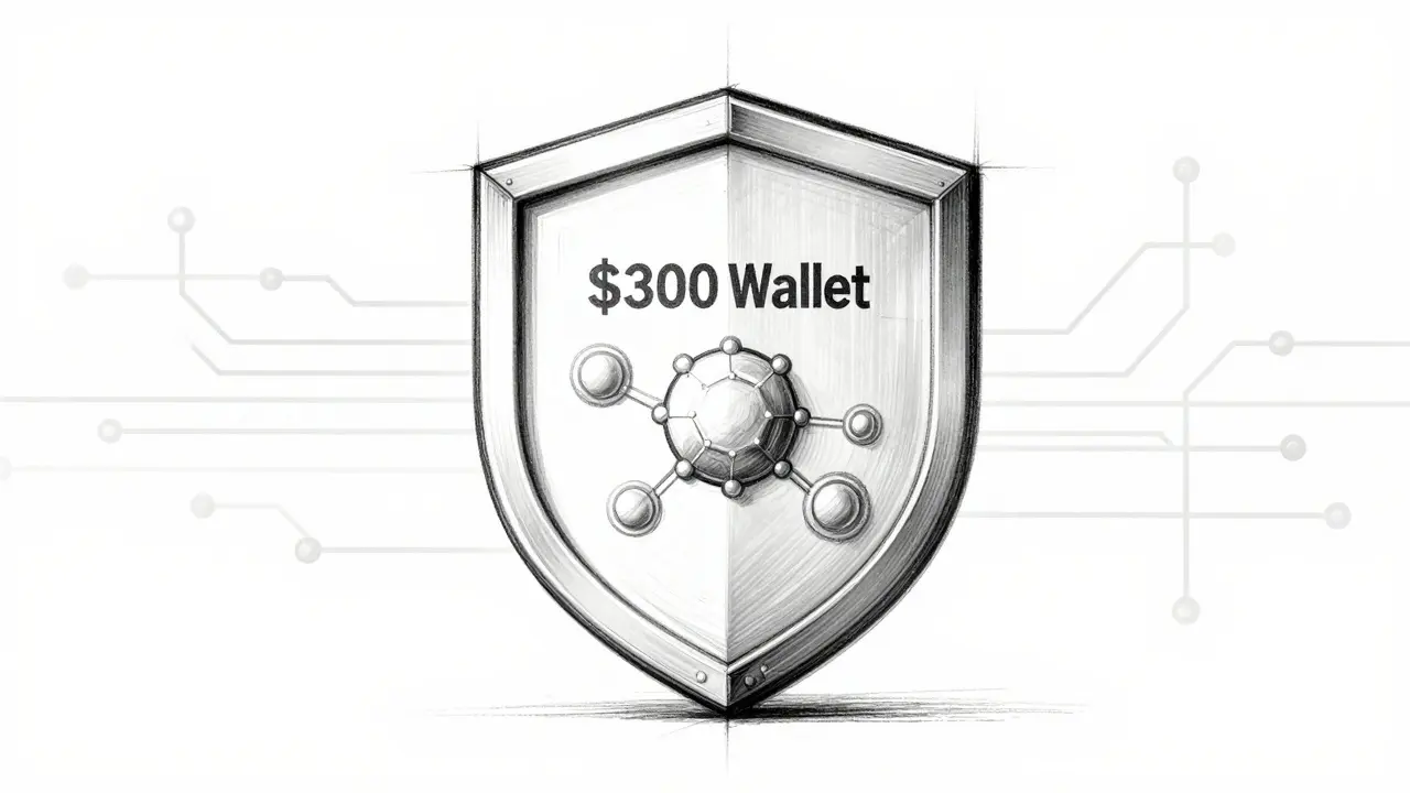 Blueprint style drawing of a security shield for crypto assets
