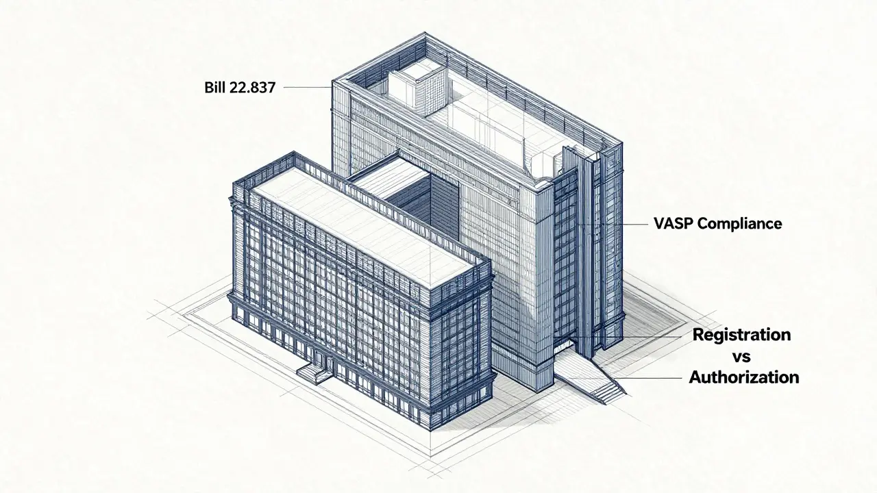 Blueprint style illustration of VASP compliance structure and bill framework