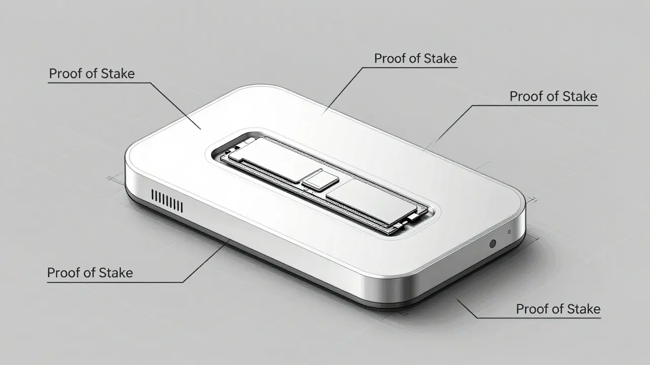 Clean design sketch of a low-energy Proof of Stake validator node device