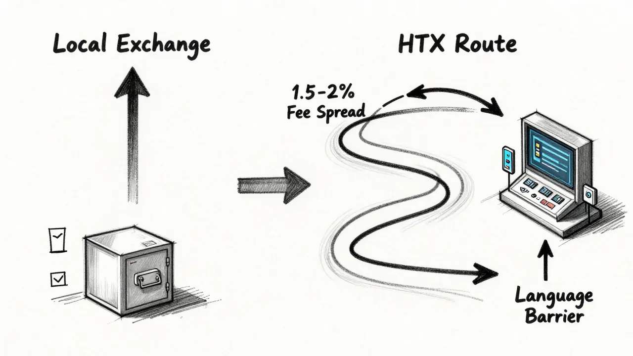 Comparative sketch of simple local deposits vs complex HTX trading path