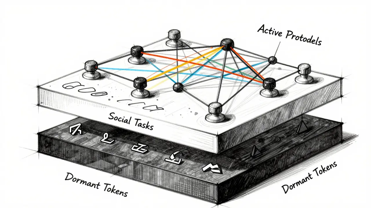 Design sketch comparing dormant vs active crypto ecosystems