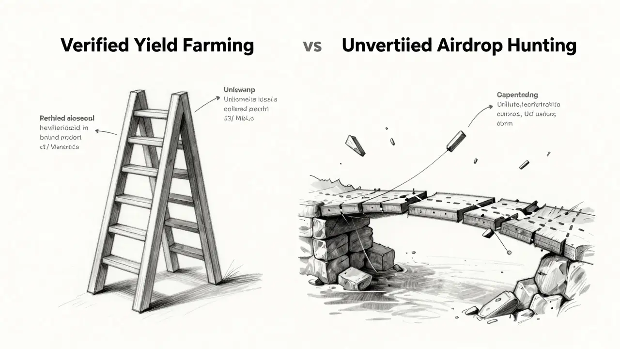 Design sketch comparing stable farming ladder to risky bridge
