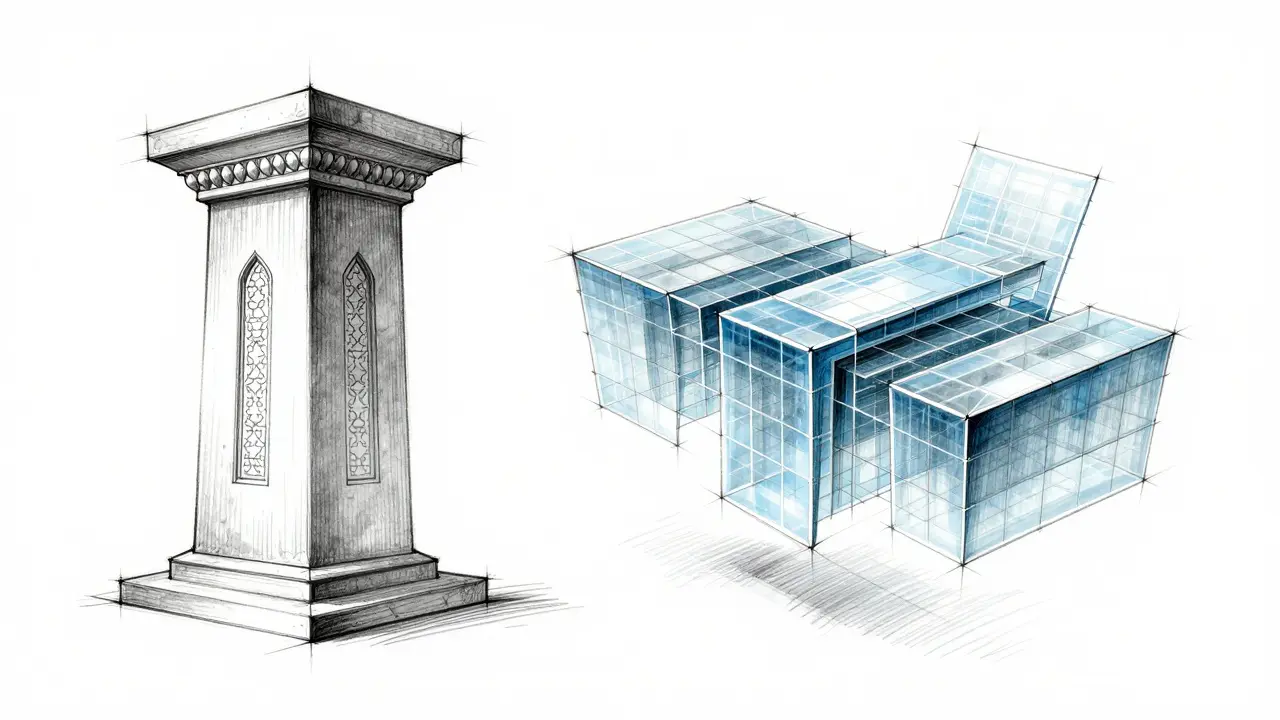 Design sketch contrasting traditional stone structures with digital grids.