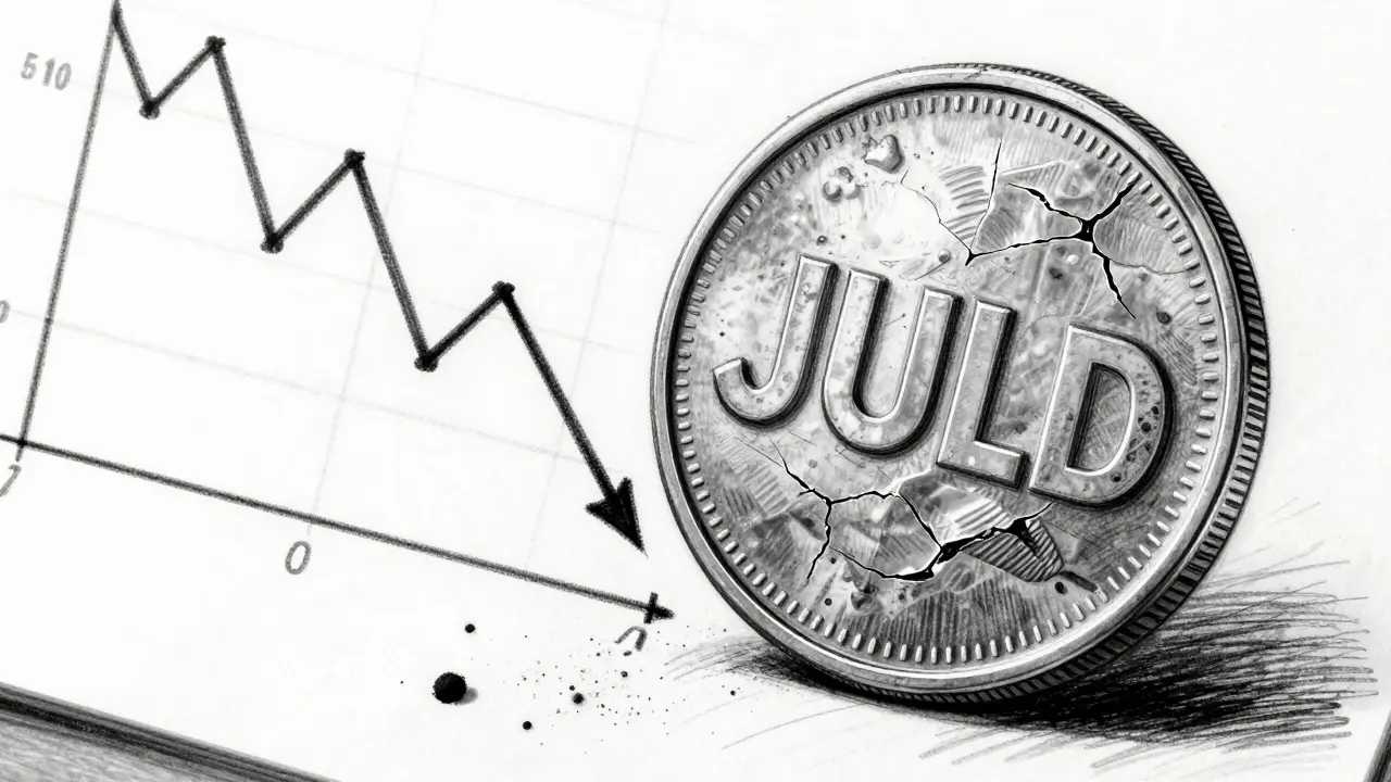 Design sketch of a cracked JULD token showing price decline