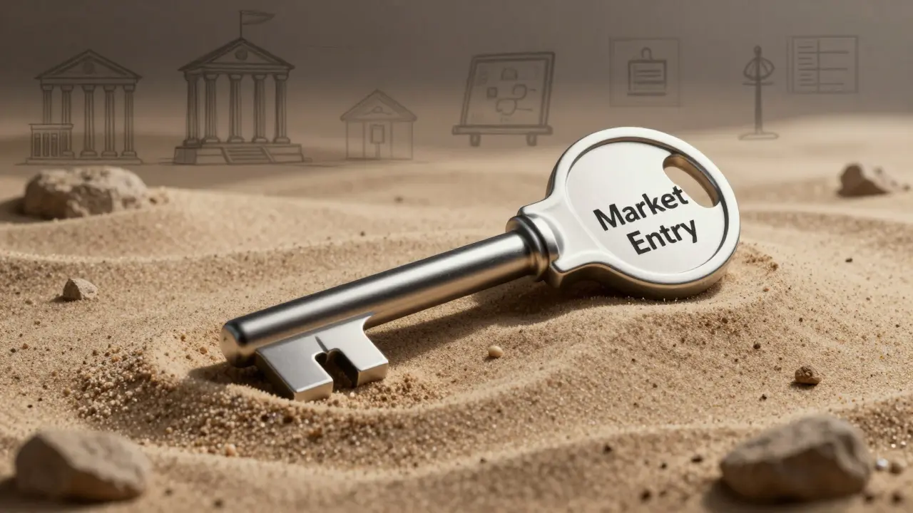 Design sketch of a market entry key resting on unstable shifting sand
