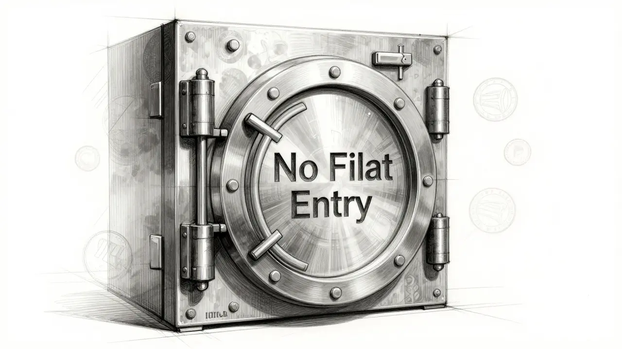 Design sketch of a vault door blocking fiat currency entry